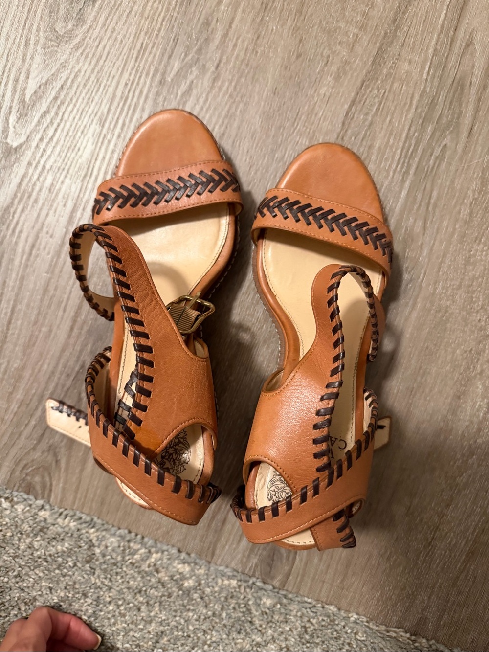 Vince Camuto Cognac Leather Wedge Sandals with Dark Stitching